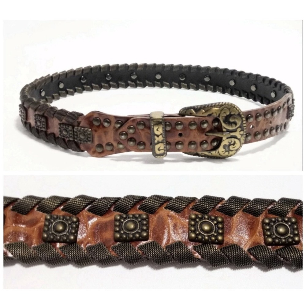 Vintage Brown Leather Studded Western Belt Woven Trim Brass Buckle Medium